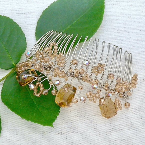 Crystal Hair Comb, Champagne, Bridal, Weddings, Parties - Picture 2 of 3